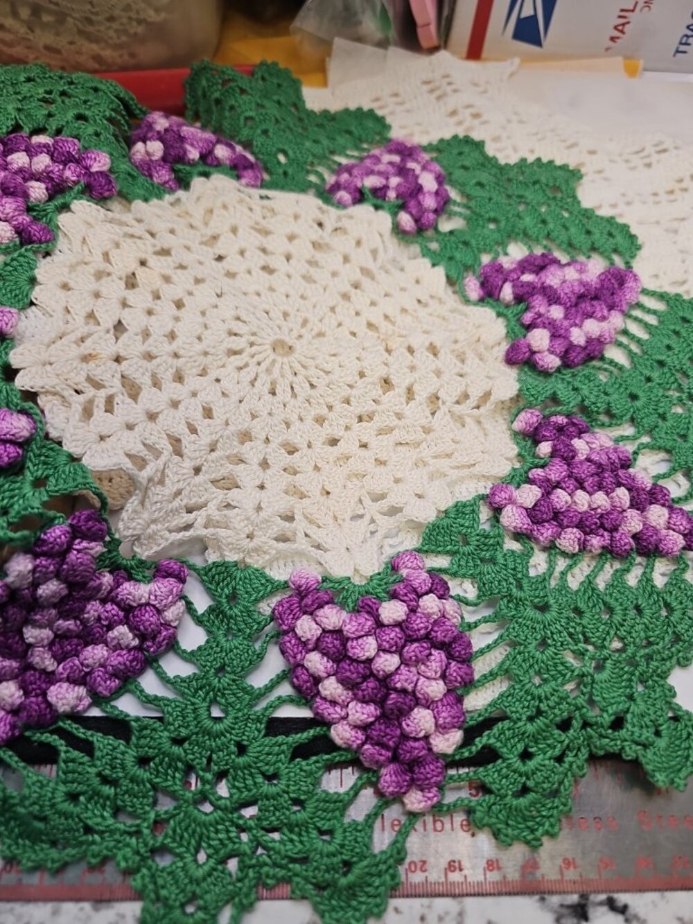 White Crochet Table Placemat/ Shape  Of Basket Lot Of 2 /white Center Purple...